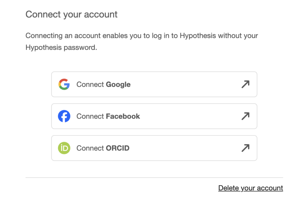 Account details page showing social account options